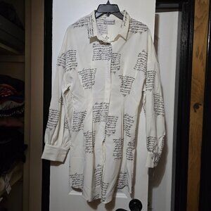 Glamaker Women's White Printed Script  Button-Up Shirt Dress W Pleated Waist - M